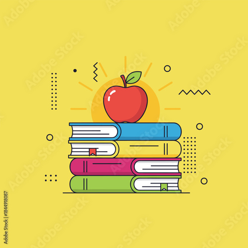 Stack of colorful books with a red apple on top, symbolizing education and learning.