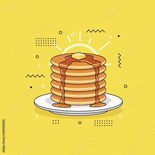 Stack of Pancakes with Butter and Syrup on a Plate.
