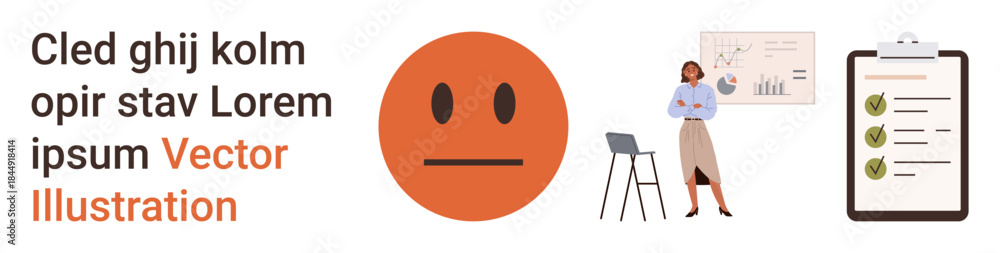 Fototapeta premium Data analysis, performance tracking, productivity, efficiency, emotion management, corporate strategy. Neutral face emotion, business chart checklist clipboard. Data analysis and performance