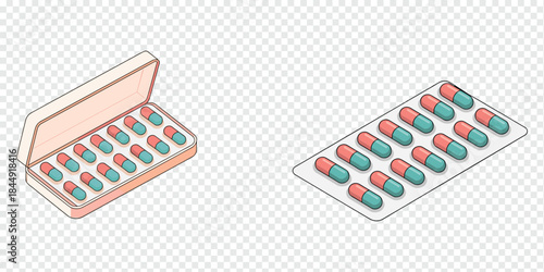 Pharmaceutical Capsules Blister Pack and Pill Box Illustration