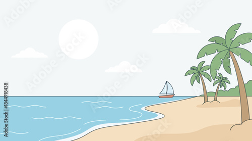 Serene tropical beach scene with palm trees and a sailing boat under a bright sun with soft clouds on transparent background