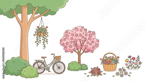Serene springtime scene featuring a flowering tree bicycle and blossoming garden with vibrant flowers and a hanging plant on a lush tree with a