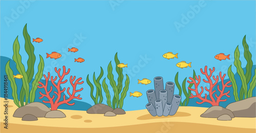 Underwater coral reef scene with colorful fish and vibrant marine flora on a clear blue ocean background minimalistic illustration