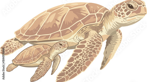 Two detailed sea turtles swimming peacefully against a transparent background showcasing their intricate shell patterns and textured skin with