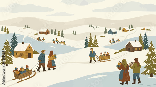 Serene winter village scene with families enjoying snow-covered landscape and scenic mountain views