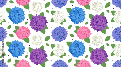 Vibrant floral pattern featuring colorful hydrangea blossoms and lively green leaves on a black backdrop perfect for fabric or wallpaper design