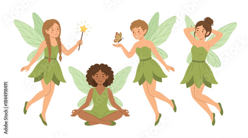 Whimsical fairy characters with butterfly wings on a transparent background showcasing enchanting magical beings with nature-inspired attire and