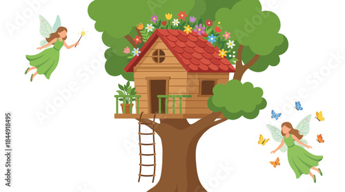 Whimsical fairy tale treehouse nestled among lush foliage with enchanting fairies and delicate butterflies on a dark background for magical fantasy