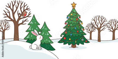 Festive winter scene featuring decorated Christmas tree surrounded by snow-covered ground, rabbits, and leafless trees with a daytime dark sky