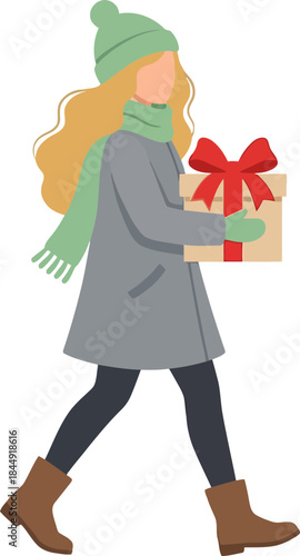 Minimalist winter scene of a woman carrying a gift box with a red bow against a plain background for holiday or seasonal design purposes