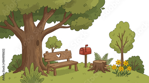 Peaceful outdoor scene featuring a wooden bench under a large leafy tree with a mailbox and blooming flowers in a serene natural environment with a
