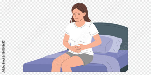 Woman Sitting on Bed with Stomach Pain Medical Illustration