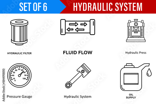 A collection of six line art icons representing essential components of a hydraulic system, such as a filter, pressure gauge, and hydraulic press.