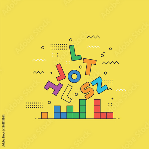Colorful Letters and Tetris Blocks Illustration on Yellow Background.
