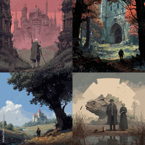 Epic fantasy landscape illustration showing lone travelers near ancient ruins castles and dramatic skies evoking adventure mystery and cinematic storytelling scenes.