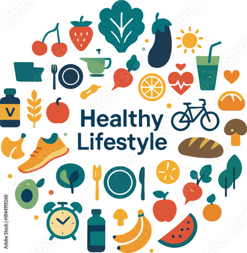 Healthy lifestyle concept with diverse icons of food fitness and wellness flat vector illustration for health and nutrition themes