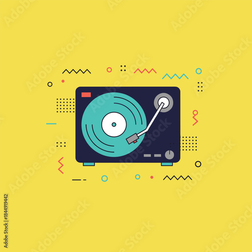 Retro Turntable Illustration with Teal Vinyl Record and Stylized Design.