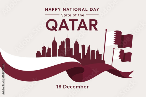 Happy National Day State of Qatar skyline silhouette with flags and ribbon celebration graphic for December 18th