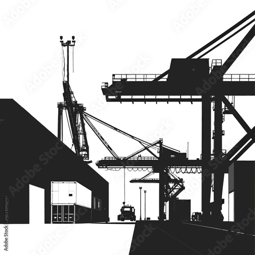 Industrial Harbor With Large Cranes and Shipping Containers Under Bright Daylight With Silhouetted Vehicles
