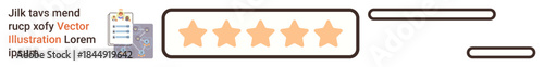 Customer satisfaction, business reviews, quality assessment, user feedback, rating system, evaluation processes. Five-star review bar, clipboard with note placeholder text. Customer satisfaction