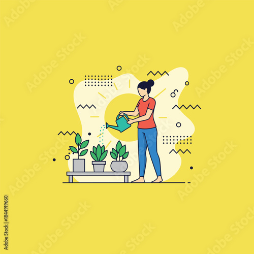 Woman tending to her indoor plants with care and attention.