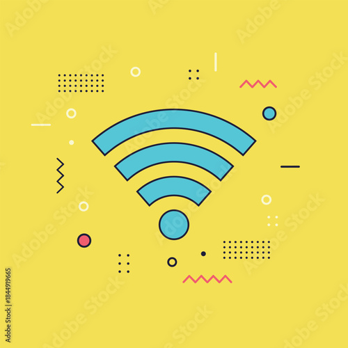 Vibrant WiFi Symbol on Yellow Background with Geometric Accents.