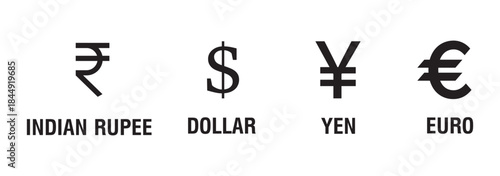 International currency symbol icons. Currency symbols. Dollar, Euro, Pound, Ruble, Rupee, Yen or Yuan, Franc, Won, Renminbi and Turkish lira se. Money kind icons. Vector Illustration. Vector graphic.E