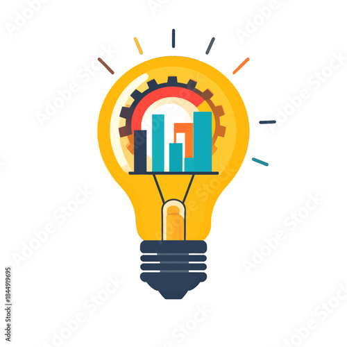 Bright Yellow Light Bulb With Internal Colorful Bar Graph and Cogwheel Gears Symbolizing Innovation and Ideas