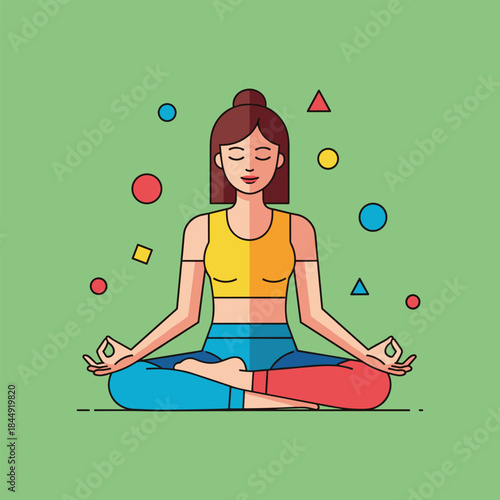 Woman in lotus position meditating with geometric shapes around her.