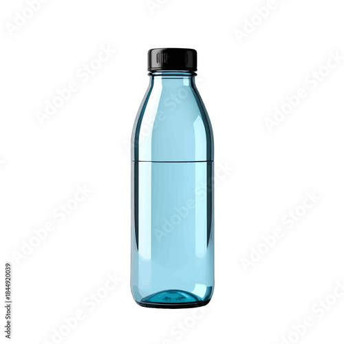 Clear Blue Glass Bottle Filled With Water and Black Cap Isolated on White Background Studio Lighting