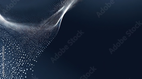 Dark navy tech background with narrow band of dense white particles forming flowing digital wave