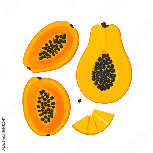 Vibrant illustration of ripe papayas cut in half showcasing black seeds and orange flesh isolated on a white background