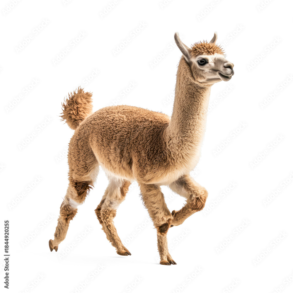 Obraz premium Alpaca running An alpaca runs quickly with its body extended and tail raised. full length isolate on transparent background