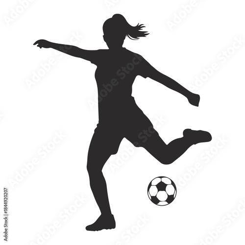 Female soccer player kicking the ball black silhouette
