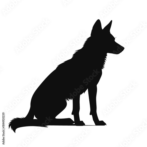 Black Silhouette of a German Shepherd Dog Sitting on a White Background Profile View