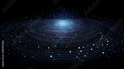 Deep navy blue background with circular vortex of glowing particles for data, AI, and innovation concepts
