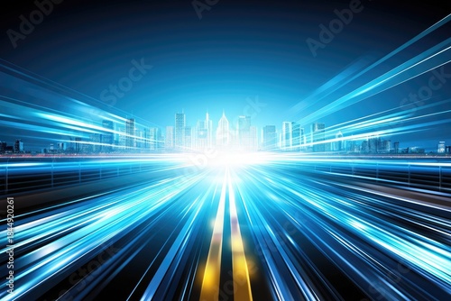 high-speed light-blue highway with glowing motion blur and city background for futuristic technology concept