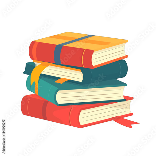 Stack of colorful hardcover books with ribbons and bookmarks for learning and education