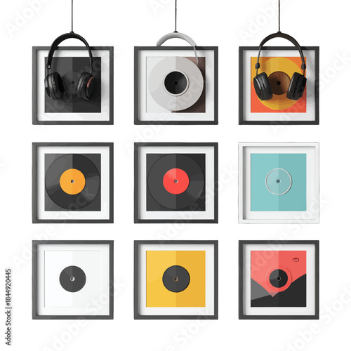 Collection of Nine Framed Vinyl Records and Headphones Displayed on a White Wall