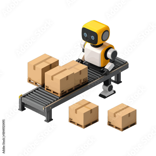 Automated Robot Arm Sorts Cardboard Boxes on a Conveyor Belt in a Warehouse Setting