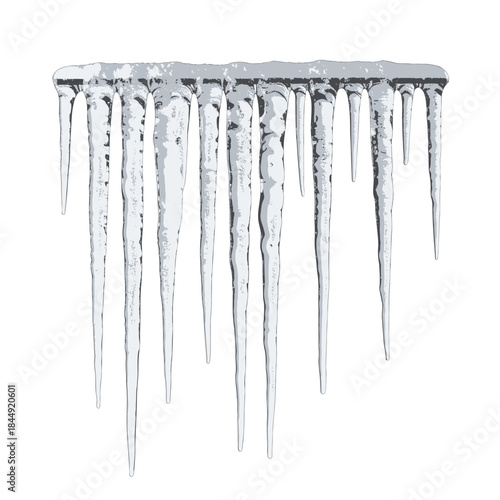 Close Up Of Icicles Hanging From A Roof Edge In Winter Showing Translucent Jagged Shapes And White Frost Details On A White Background With Soft Natural Lighting