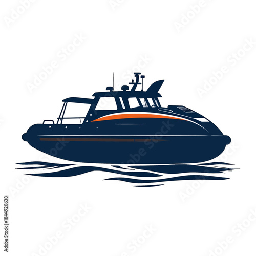 Modern Dark Blue Speedboat with Orange Stripe on Wavy Water Surface Under Bright Daylight