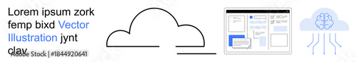 Cloud computing, artificial intelligence, data management, digital transformation, tech development, online storage. A cloud icon, digital interface and neural AI graphic. Cloud computing and AI