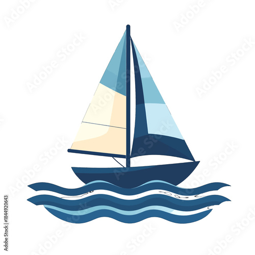 Sailboat with Blue Sails on Wavy Ocean Water Detailed Vector Illustration