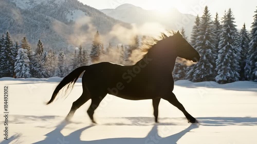 Powerful black horse running through deep snow in a serene mountain winter landscape for freedom and wildness concept with cinematic backlight