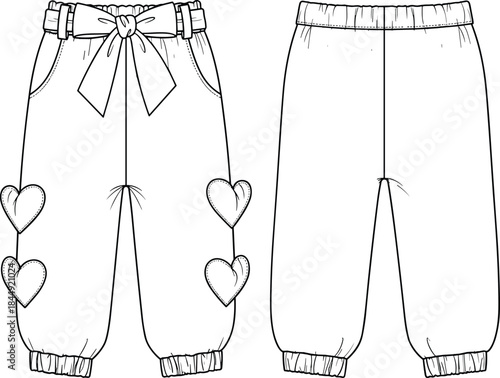 Kids' Fashion Trousers with Heart Appliqués, Decorative Bow Belt, and Elastic Cuffs, CAD Drawing Flat Vector Illustration