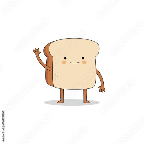 Cute bread slice cartoon character waving hand hi doodle