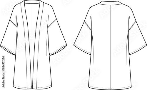 Kimono Cardigan CAD Drawing Flat Vector Illustration Front and Back View for Fashion Design Technical Specification and Apparel Template