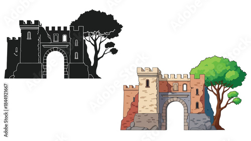 Illustrative depiction of a castle gateway in both monochrome and full color