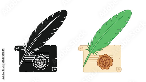 A contrasting depiction of quill pens with parchment and wax seals